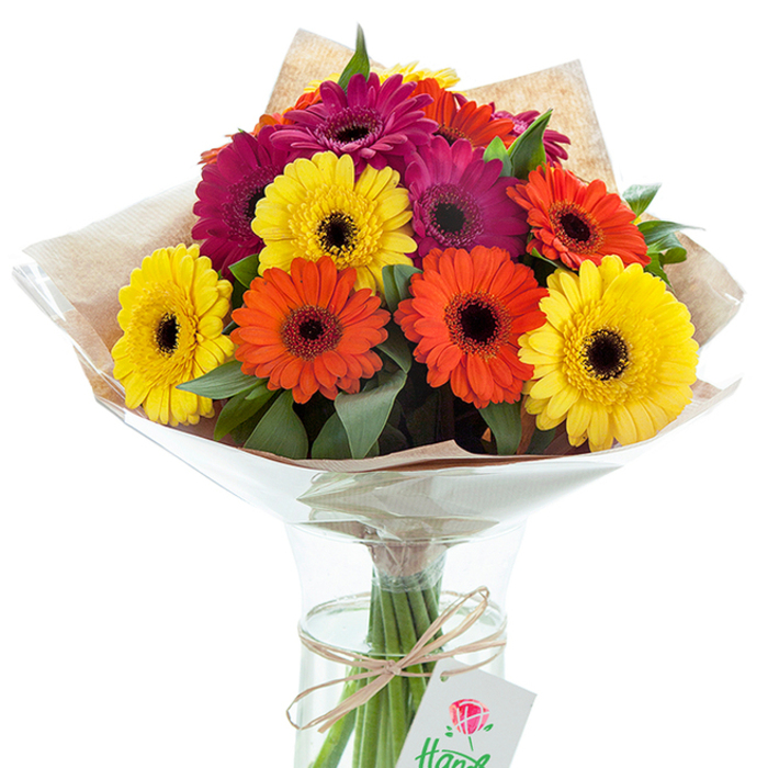 Gracefully arranged within a sparkling glass vase, this stunning Gerbera daisy bouquet evokes the joyful ambience of Tufnell Park in bloom. A tapestry of colour, with sunlit yellow, tangerine orange, and saturated magenta blossoms, each flower displays its own velvety circle of petals radiating from a coal-dark center. The design is enriched by bursts of fresh, leafy greenery, adding a sense of natural abundance akin to the tree-lined paths of Tufnell Park's local parks. A layer of light brown kraft paper, subtly textured, brings a rustic flair, complemented by a protective film of crinkled cellophane that softly catches the light. The slender stems, carefully cut and arranged, transmit a promise of longevity, cradled by clear water within the vase. Twine bows the stems, adding a homespun charm alongside a delicate gift tag-its minimalist rose illustration and partial inscription nodding discreetly to the floral artistry behind each arrangement. Whether meant for an anniversary, a congratulatory gesture, or to uplift a friend in Gospel Oak or Kentish Town, this bouquet channels the expertise and warmth of local florists, capturing both the vibrancy and tranquility of the neighbourhood. The harmony of shades, textures, and materials creates a sense of celebration and comfort, promising to brighten even the greyest London day.