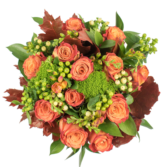 Top-down, against stark white, this densely composed autumn bouquet celebrates texture and warm colour in equal measure. The focal elements are lush, bicoloured roses whose centers glow a gentle peach while the outer petals take on coral, orange and a whisper of russet - a natural gradient that mirrors the shifting leaves of the season. Interleaved are clusters of Hypericum berries: some a sharp, green apple hue, others a soft creamy-yellow, their small, rounded forms creating rhythmic contrast with the larger roses. The green trick dianthus - compact, velvety and almost spherical - appears like vibrant moss tucked into the spaces between blooms, offering an unexpected tactile dimension and a fresh pop of chartreuse. A foundation of glossy, healthy green foliage provides volume and formality, while strategically placed, darker burgundy-brown lobed leaves suggest fallen maple tones and give the design a grounded, woodland feel. The arrangement's circular density is balanced by light that skims petals and berries, revealing velvety surfaces, subtle veins and gentle shadowing that deepen the sense of three-dimensionality. The overall impression is warm, abundant and deliberately seasonal - a centerpiece built for Thanksgiving, an autumn anniversary, or as a soothing gift to bring harvest comfort into a Tufnell Park home after an afternoon stroll along Fortess Road and the nearby green spaces. The bouquet's craftsmanship reads as both professional and personal, an intentional blend of colour, scent and texture for the cooler months.