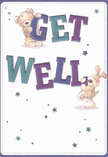 Radiating gentle optimism, this get well card features a jubilant teddy bear and a floppy-eared puppy, their playful postures bringing the bold, colourful letters of 'Get Well' to life. The lively text, tinted in deep blues, indigos and teals, leaps from a creamy, minimalist background, while scattered stars-varying in vibrant purples and blues-twinkle all around, infusing the image with hope and whimsical energy. The bear's plush fur and the puppy's velvety ears look so invitingly soft, you can almost sense their comforting embrace-a tactile warmth much like that found in a freshly arranged bouquet ready to be delivered near Tufnell Park Station. The card's brightness and clarity offer reassurance-a celebration of recovery and sincere care, easy to imagine arriving beside a thoughtfully wrapped bouquet for a friend recuperating near Tufnell Park Gardens. Each brushstroke and sparkle echoes the spirit of local florists: nurturing, attentive, and always seeking to brighten difficult days with heartfelt gestures and a little touch of magic from North London.